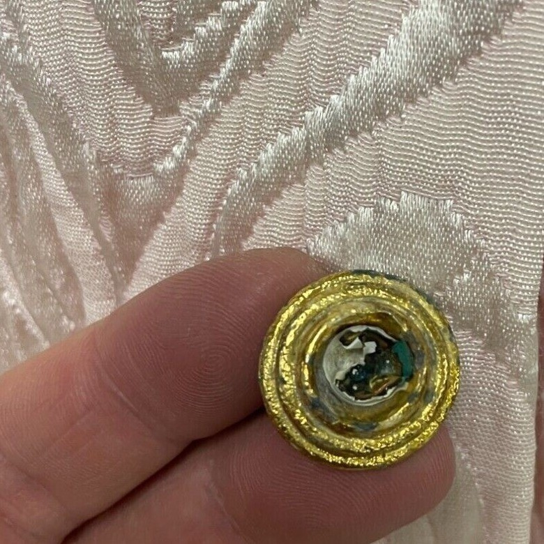 Vtg 60s Feather Cuff Brocade MOD Mini Cocktail Dress Buttons Small MCM Madmen