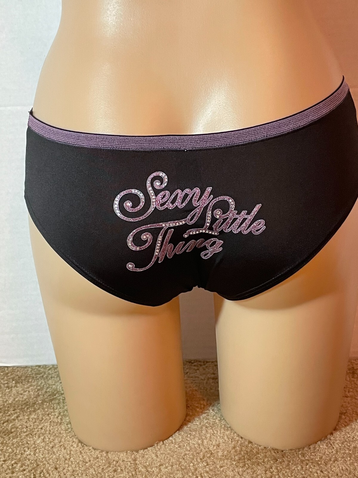 XS Vtg VICTORIA’S SECRET Sexy Little Thing RHINESTONE Panty Black Pink Glitter