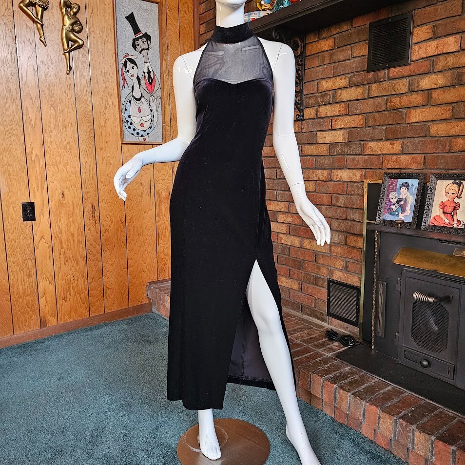 Vtg 90s Vampy Goth Stretch Velvet Formal Choker Dress High Slit Black Gown M/L