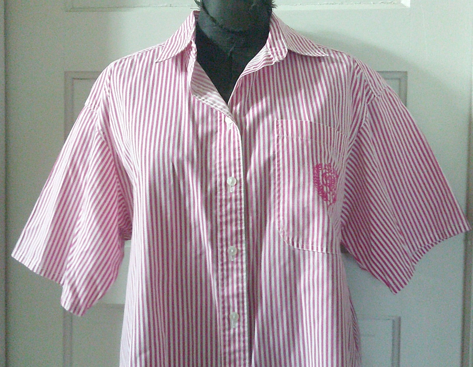 80’s CASUAL CODE SS Pink Stripe Embroidered Button Up Shirt Top Blouse L
