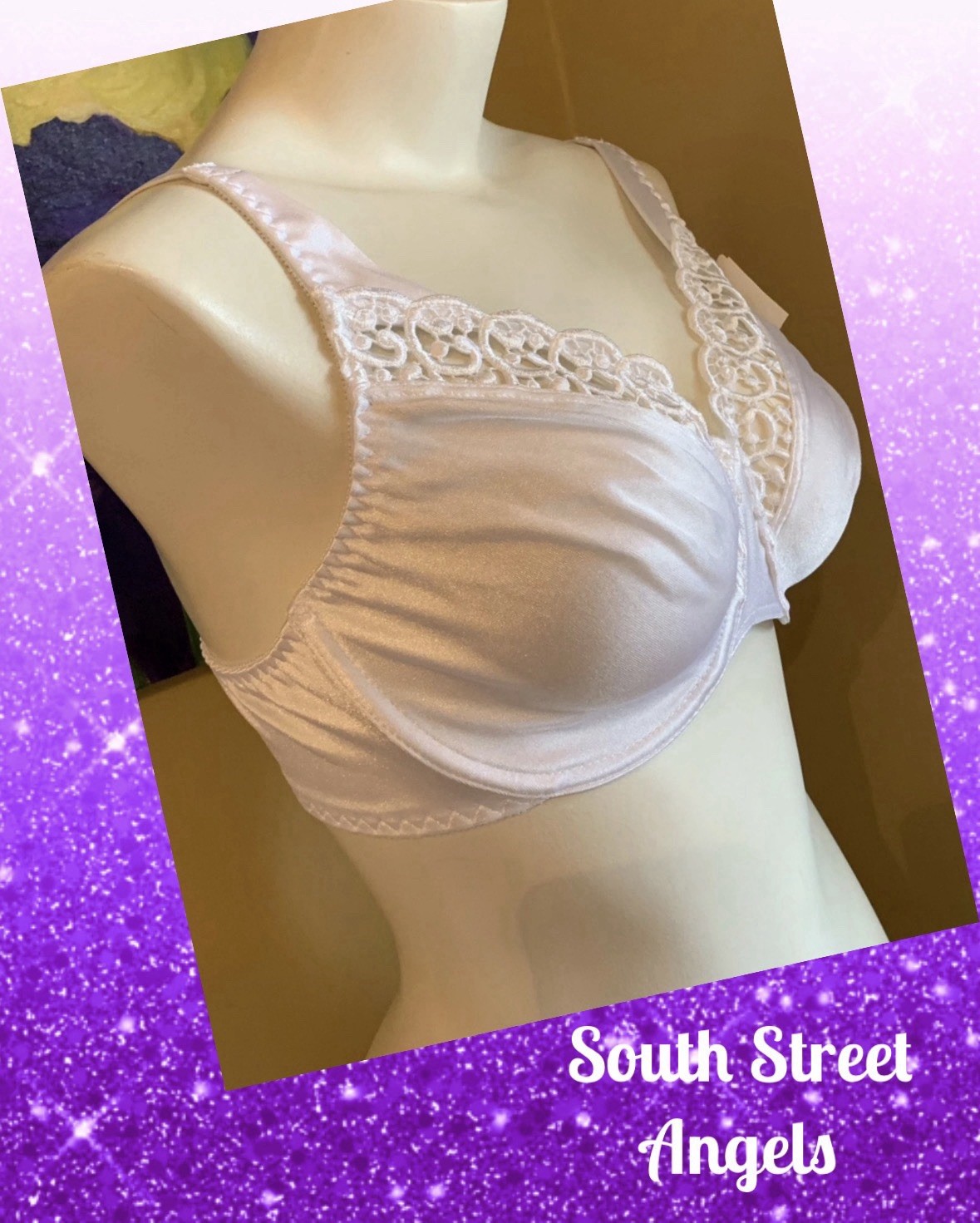 VINTAGE OLGA ~ WHITE 33511 SATIN EMBROIDERED LACE EDGINGS UNDERWIRE BRA 36DD