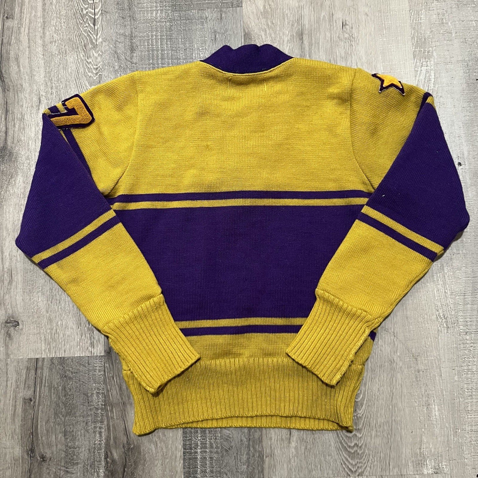 VTG 1977 Purple/Green Varsity Sweater Felt Star Logo Pull Over Striped Wool 70s