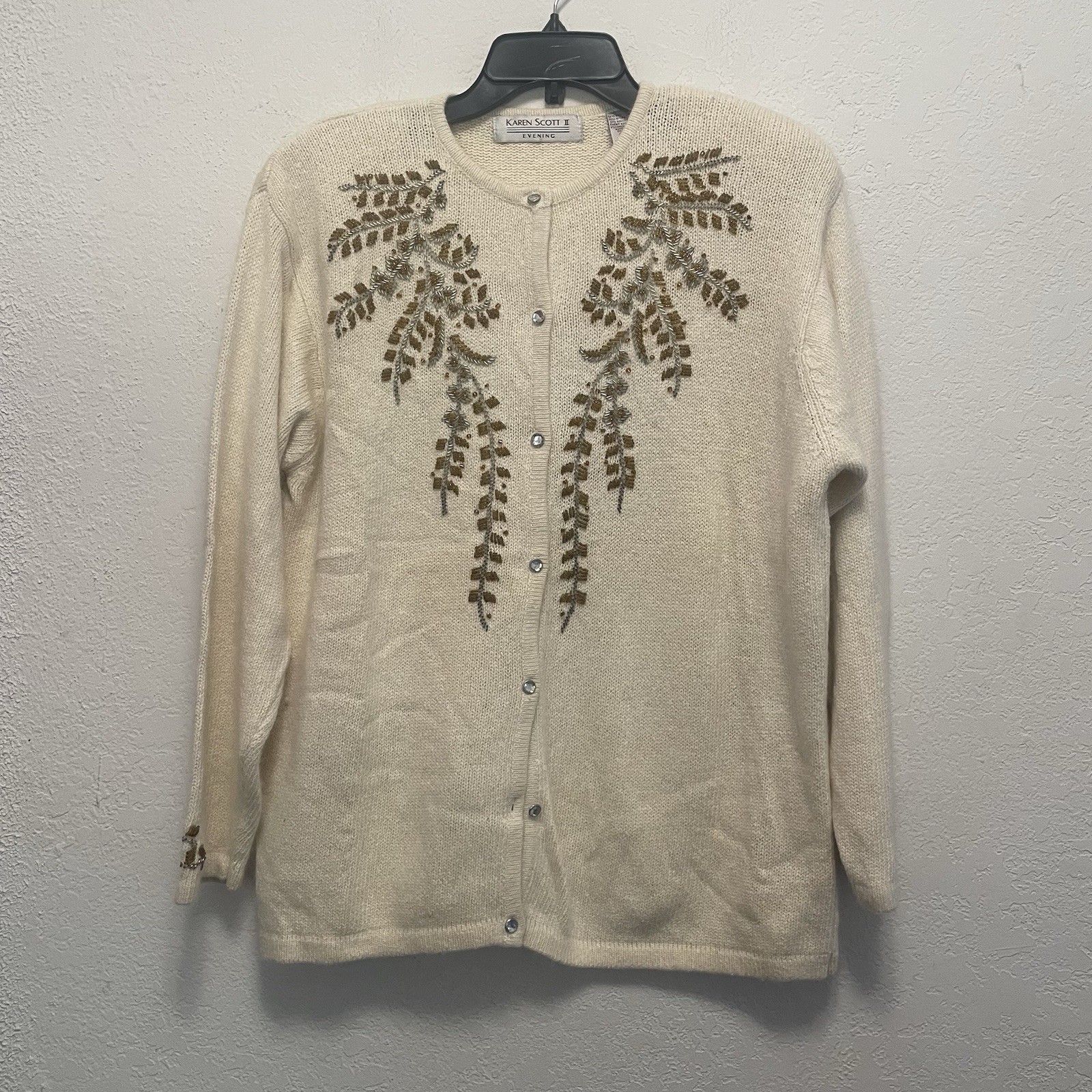 vintage Karen Scott Evening cream cardigan gold beaded Size 1X Silk Blend
