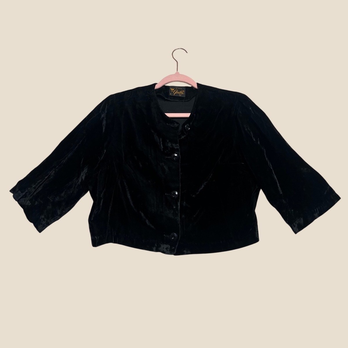 VTG 50s 60s Glentex Black Velvet Cropped Jacket Faceted Buttons Bolero Large