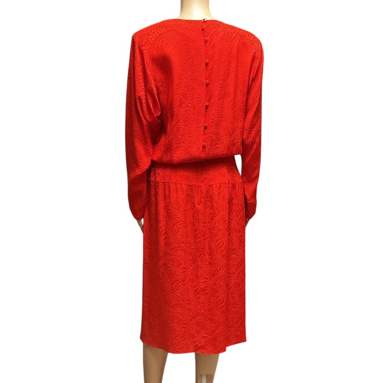 80s Liz Claiborne Red Silk Dress Floral Jacquard Blouson Modesty Career Midi