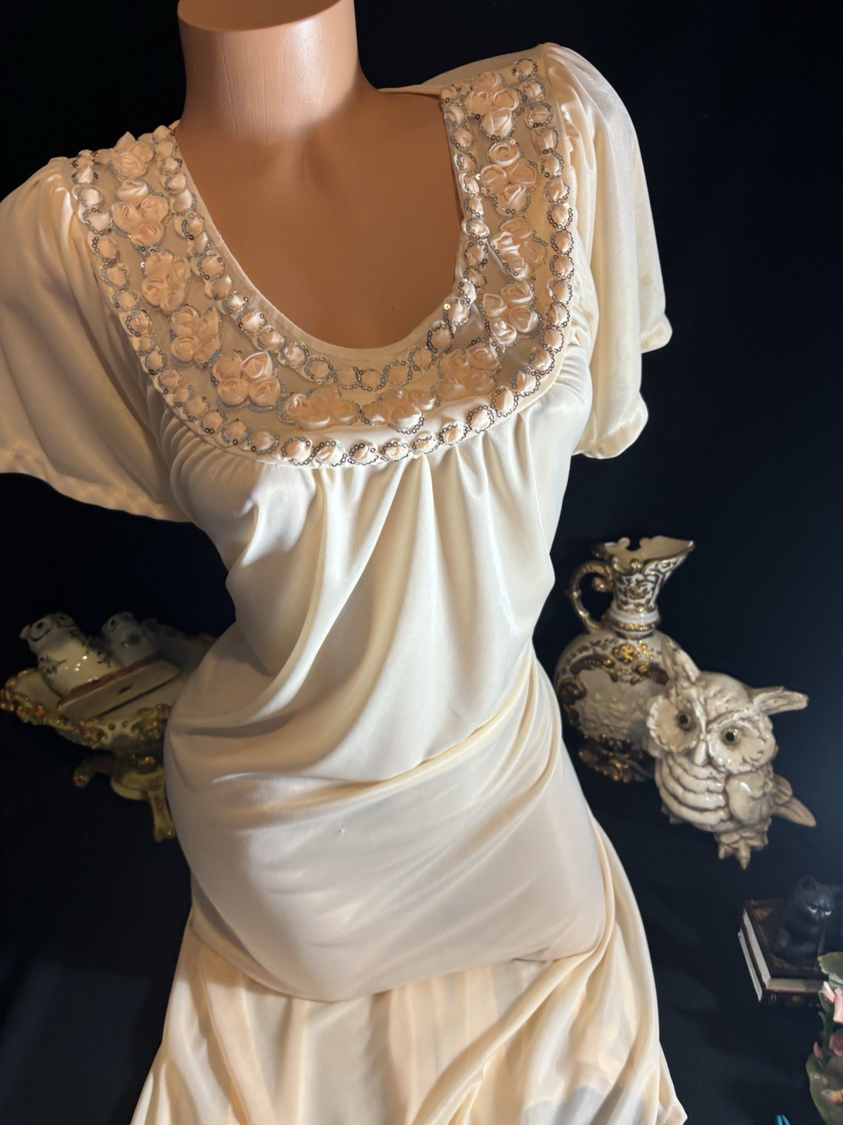 Vtg Satin Soft CreamSickle Shiny Silver Sequins Gown Sheer Long Dress Nightgown