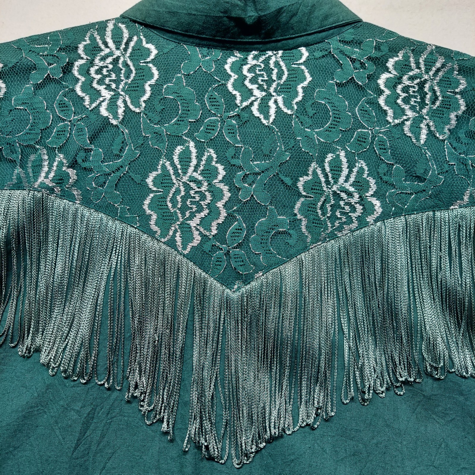 VTG 80’s Lilia Guilty Western Cowgirl Blouse XL Green Metallic Lace Fringe USA