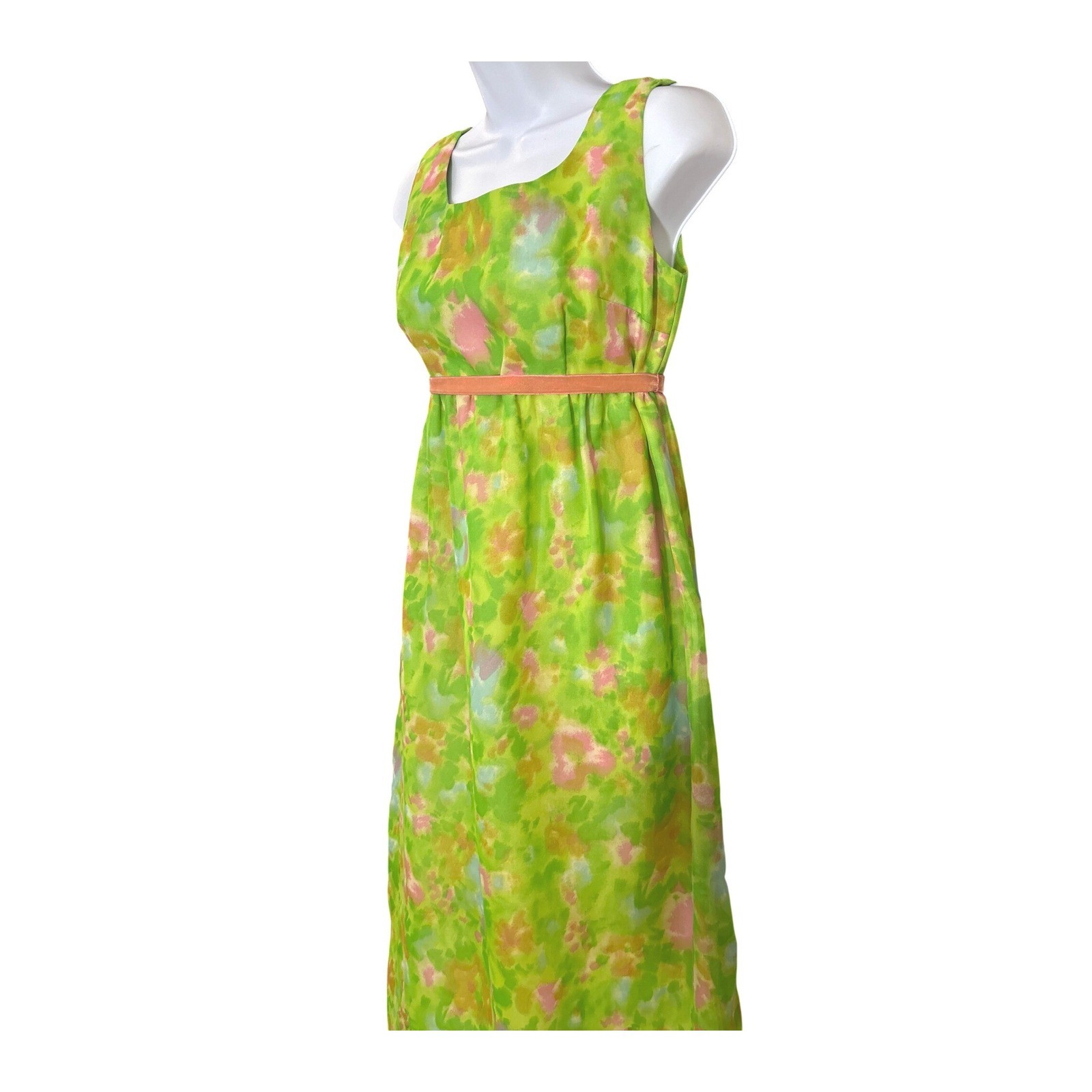 Vintage Green Floral Empire Waist Maxi Dress Mod 60s Pastel Cottagecore Fairy