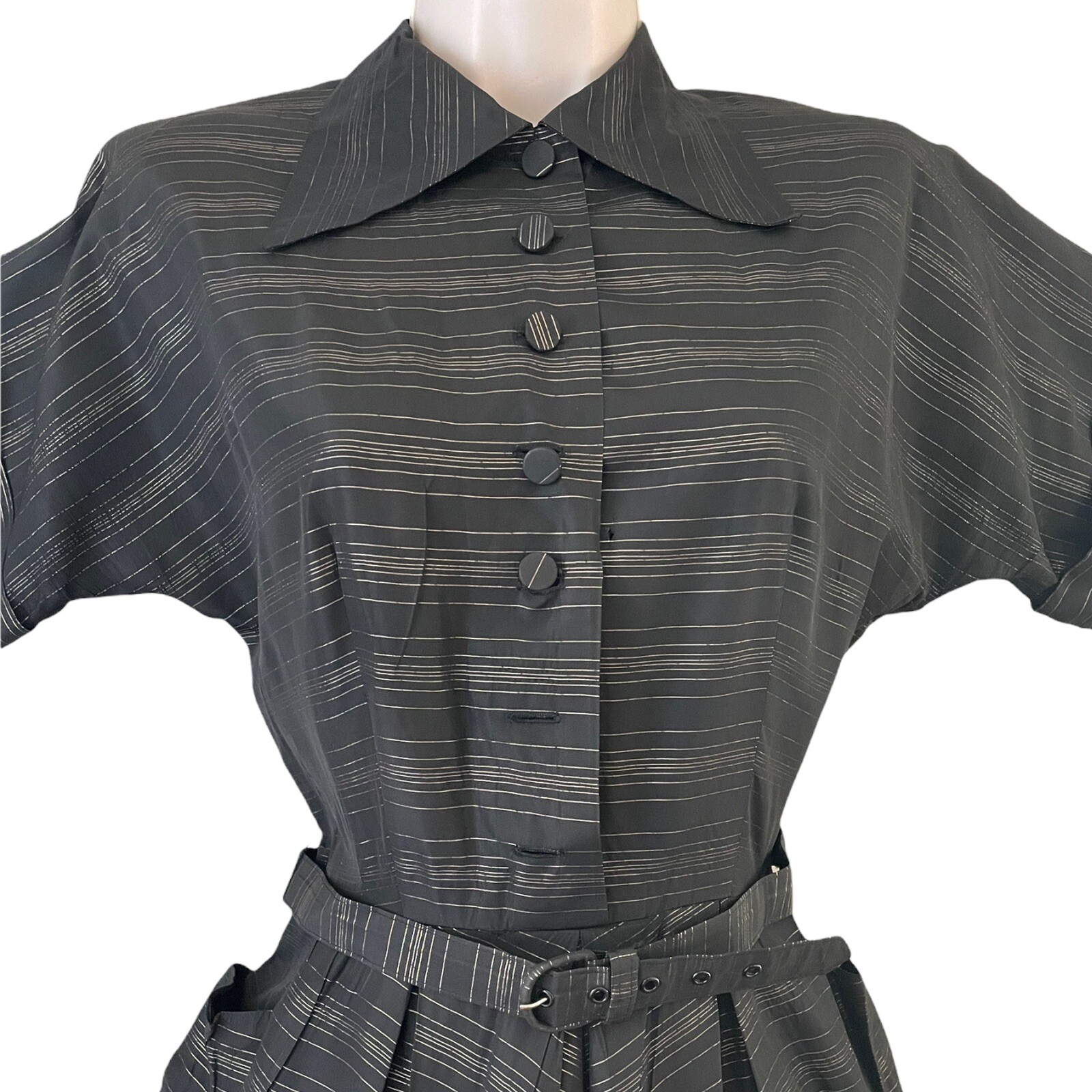Vintage 1940s Black + Gold Dress w/ Pockets + Belt. Size S/M, USA