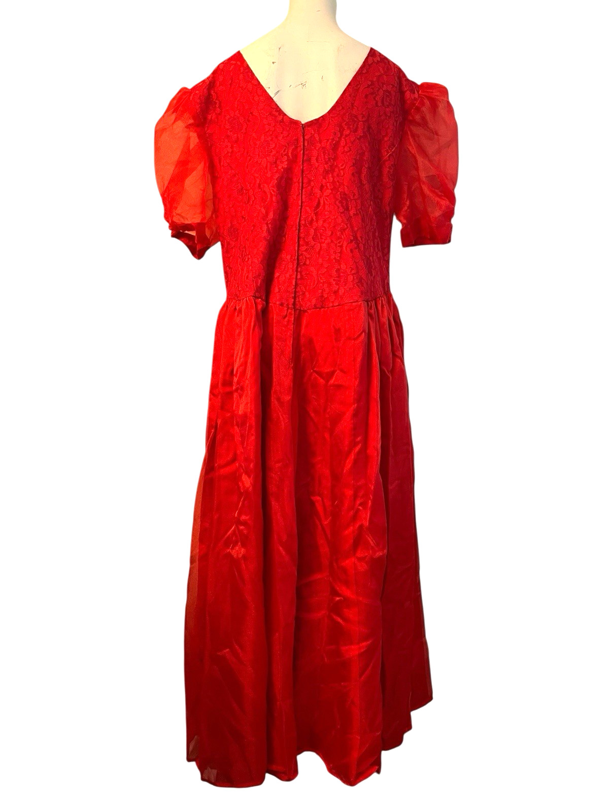 XL Red Puff Sleeve Lace Satin Bow Retro Gown 1950s Handmade Tulle Maxi Dress