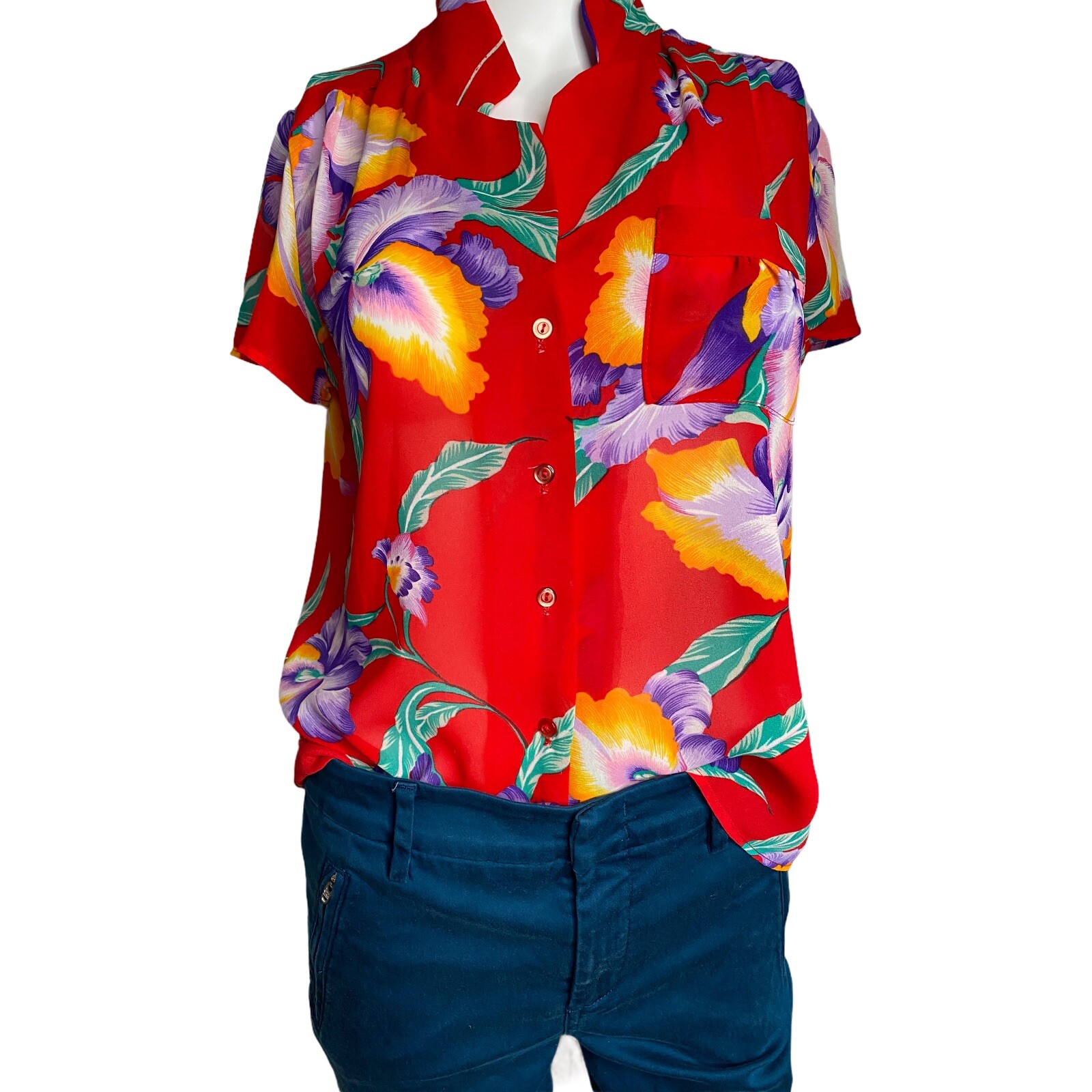 Vintage Colorful See Through women’s size Medium hawaiian Summer Floral Print