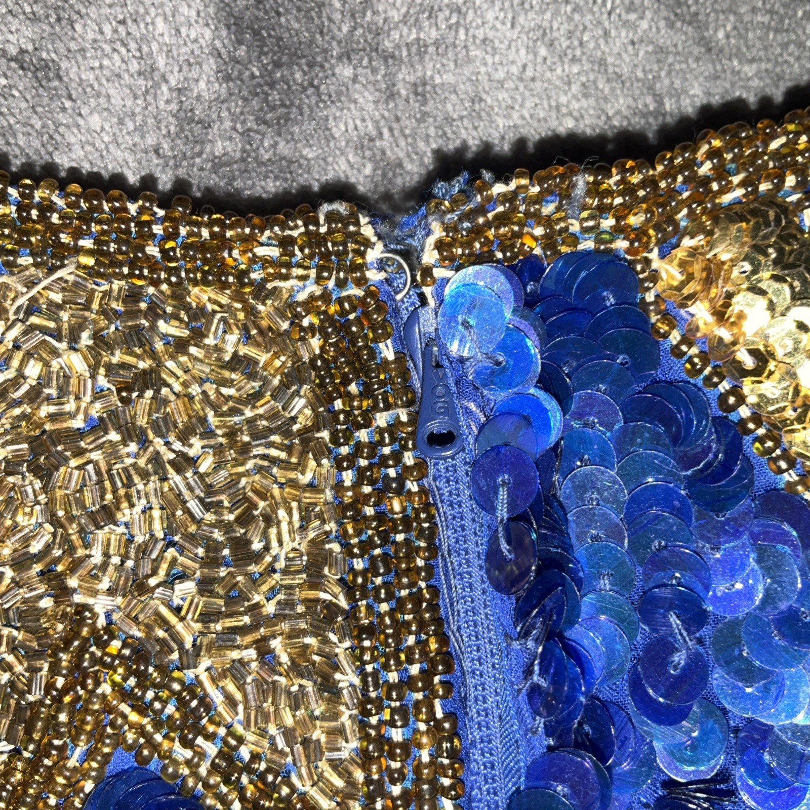Vintage 1980s Silk Sequin Beaded Short Sleeve Laurence Kazar Dress Blue Gold PS