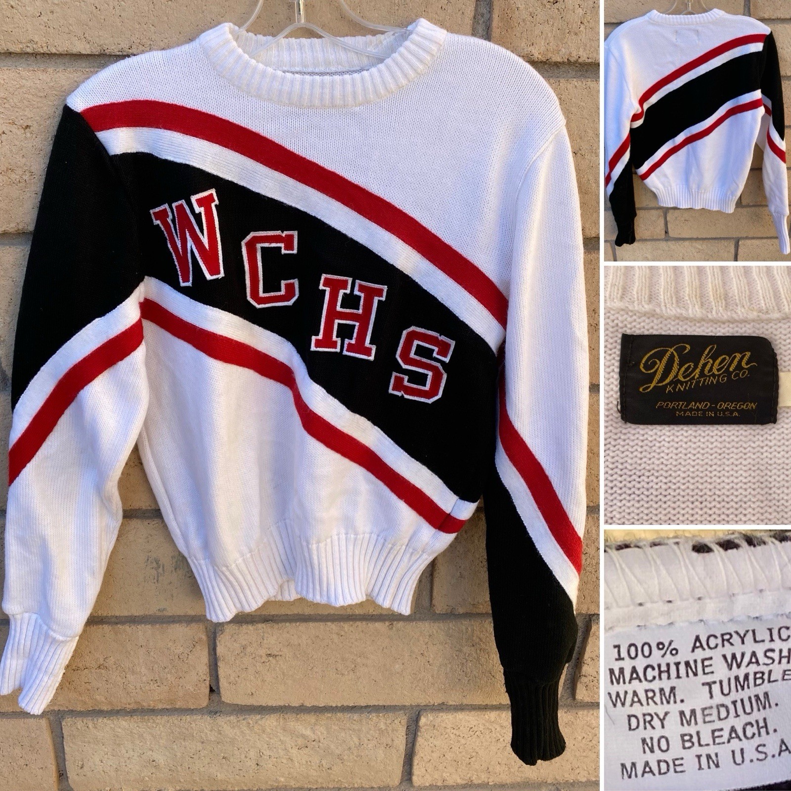 Vintage 80s Dehen Cheerleader Sweater WCHS White Black Red Acrylic Knit Size M