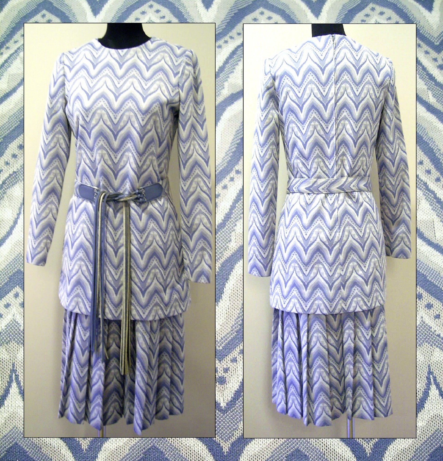 Vtg SAKS Pleated Drop-Waist Belted L-Sleeve 2PC Chevron DRESS SUIT Ensemble 10