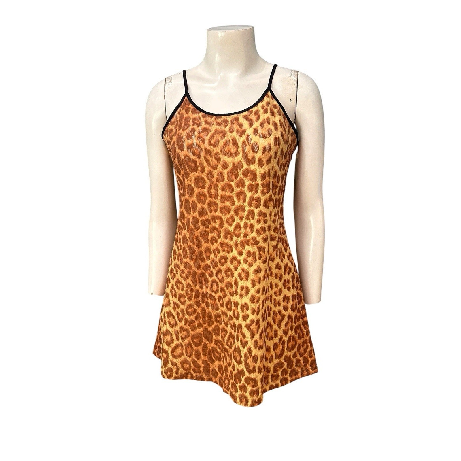 Vintage 90s Leopard Print Mesh Slip Nightgown Lingerie Made USA Small ^