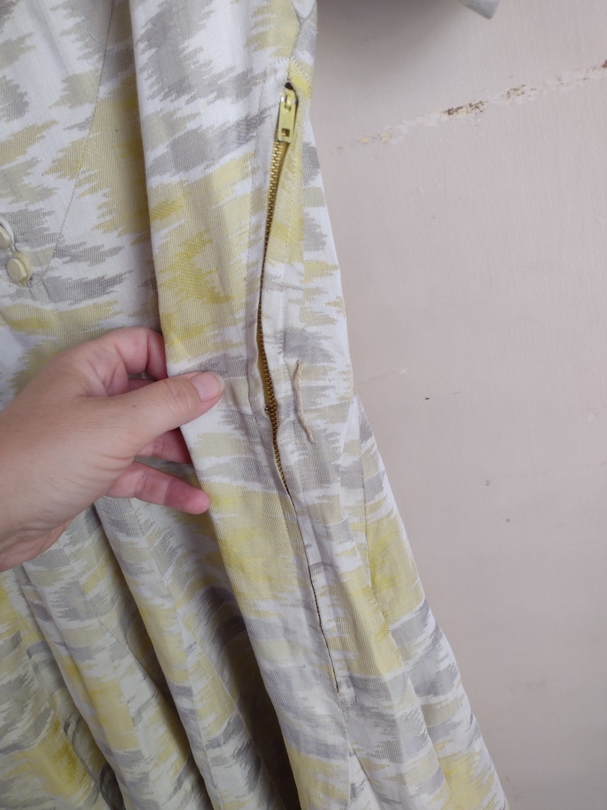 VTG Pat Premo Midi Dress Yellow Grey 50s 60s Cottage Full Skirt Mid Century MCM