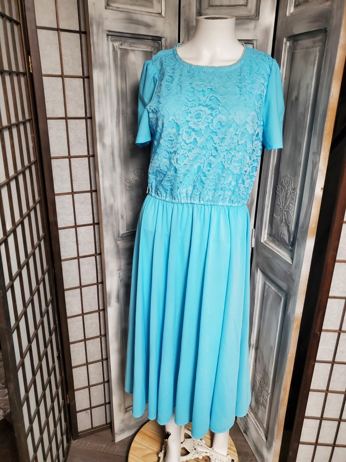 VTG 80s Boston Maid Peplum Dress Retro M Secretary 2 Pc Jacket Lace Faux Pearls