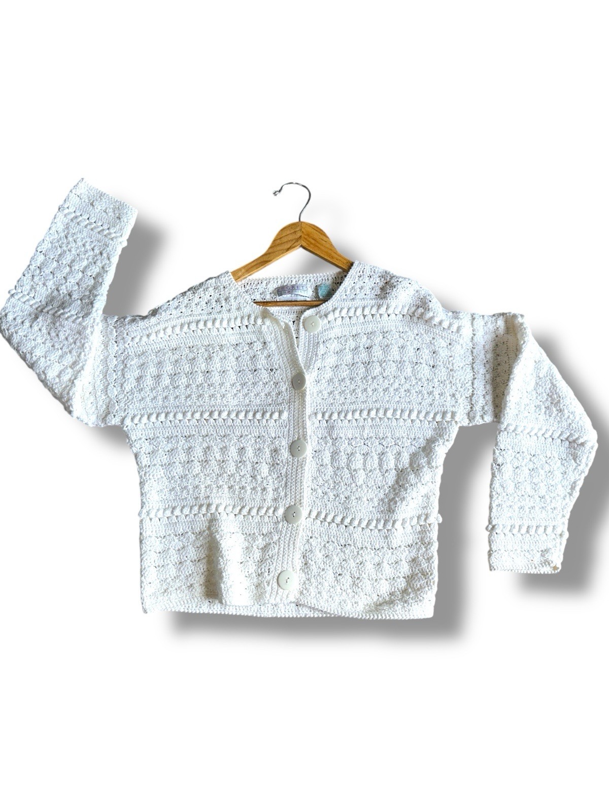 Vintage Hand Knit Ivory Cardigan Sweater M Light Academia Cozychic Chunky Cable
