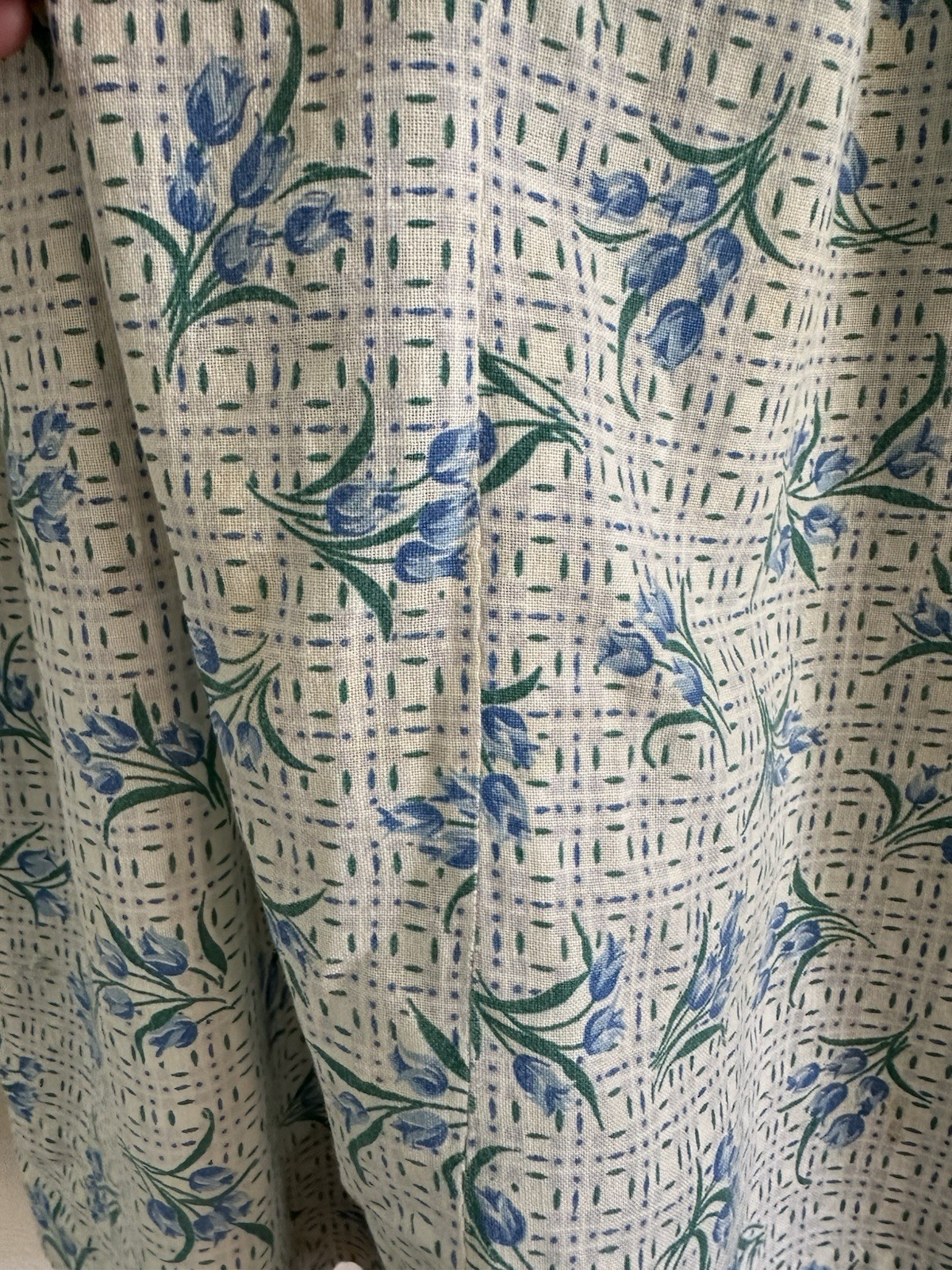 1930s 40s Feed Sack Skirt 28” Waist Blue Floral Tulip Grid Fabric Cotton MOP VTG