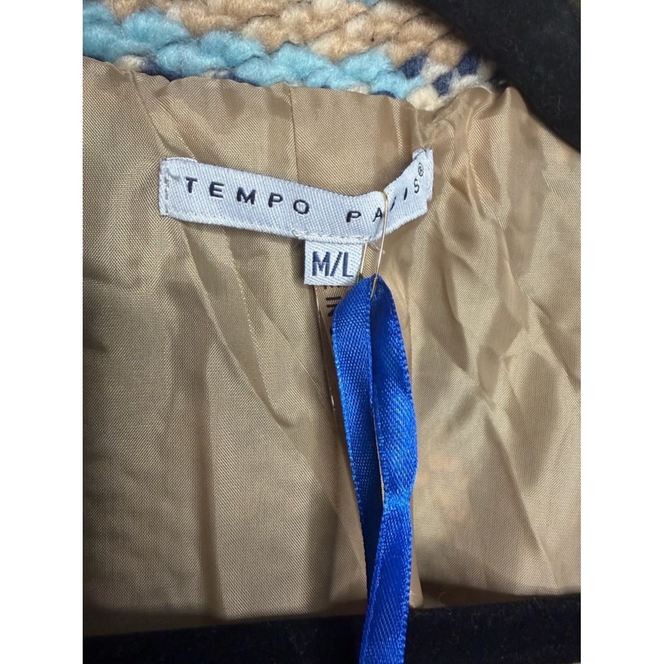 Tempo Paris Chunky Knit Patchwork Coat Neutral Blue Boho Aztec Jacket Sz Med/Lg