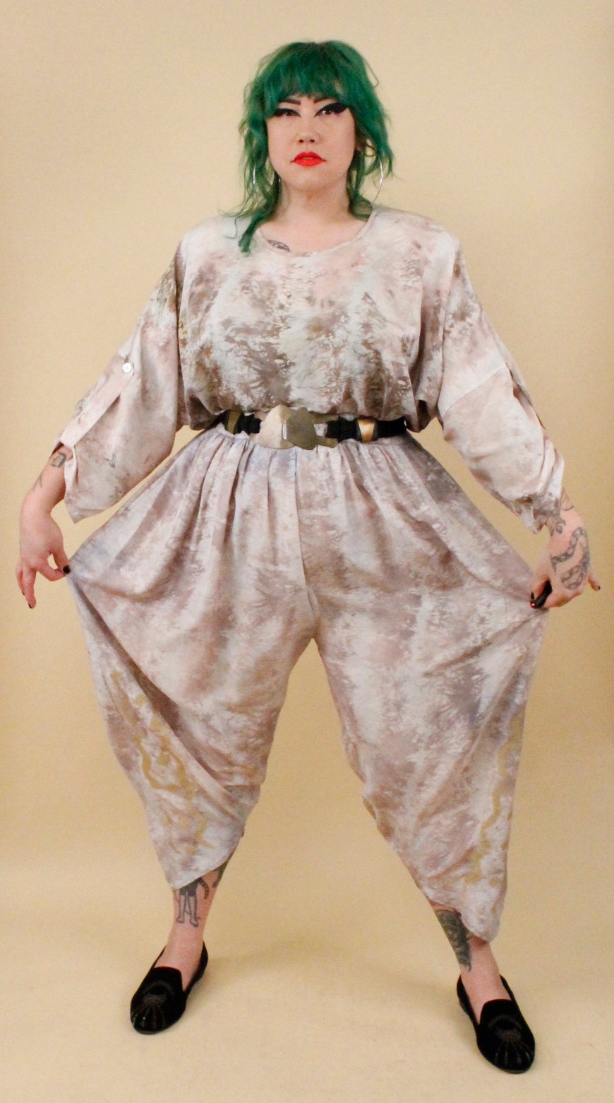 80s Vtg Silk Beige Gold Laise Adzer Langenlook Moroccan Harem Pant Suit OS