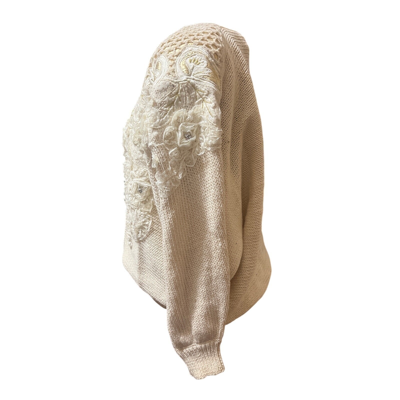 Bonnie Boerer L VTG 80s Cream Gold 3D Floral Roses Lace Appliqué Knit Sweater