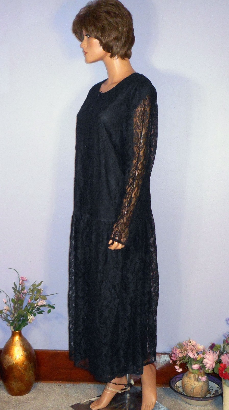 Vtg ‘80s Witchy Lacy Kathyrn Deene Dress w Drop Waist & Shoulder Pads, 22