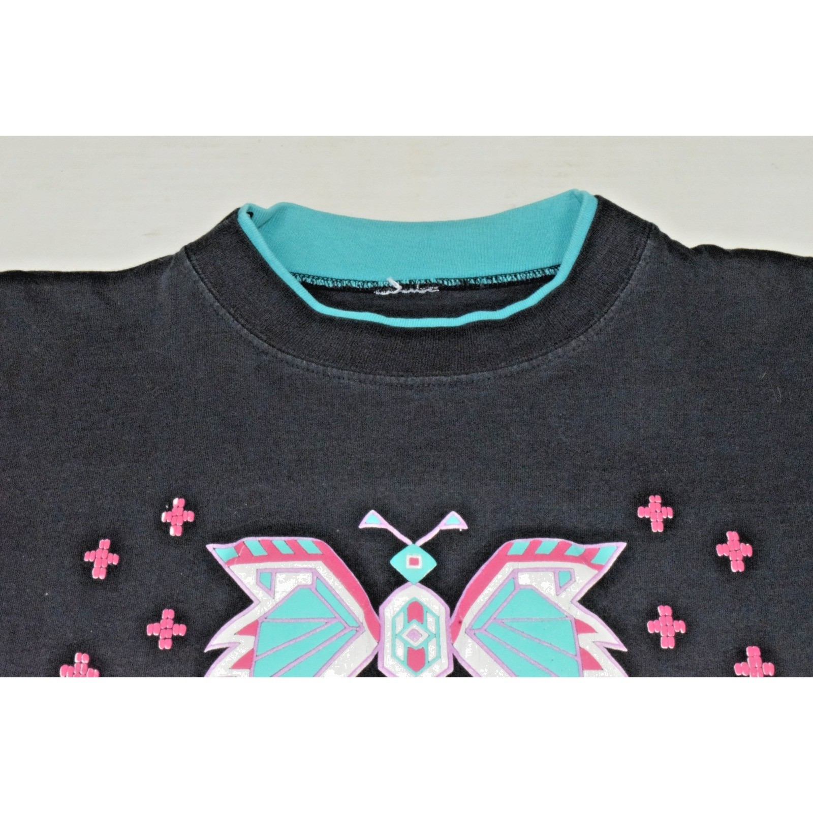 Vintage Western T-Shirt Size L 90s Turquoise Pink Butterfly Black Cotton