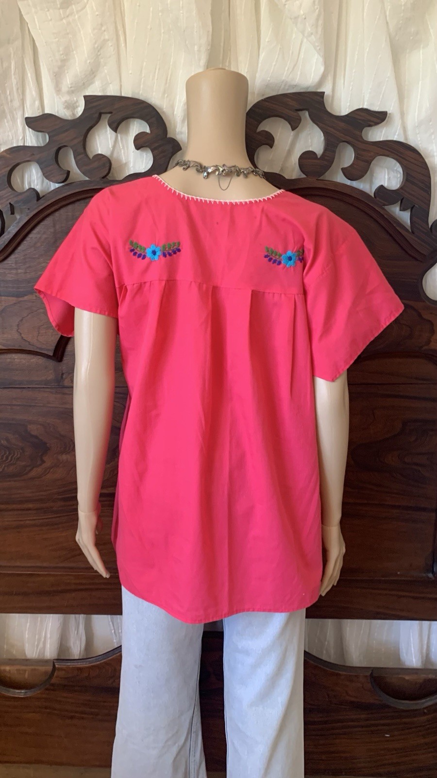 Vintage 80s 90s Mexican pink & multicolor floral embroidered cotton top blouse