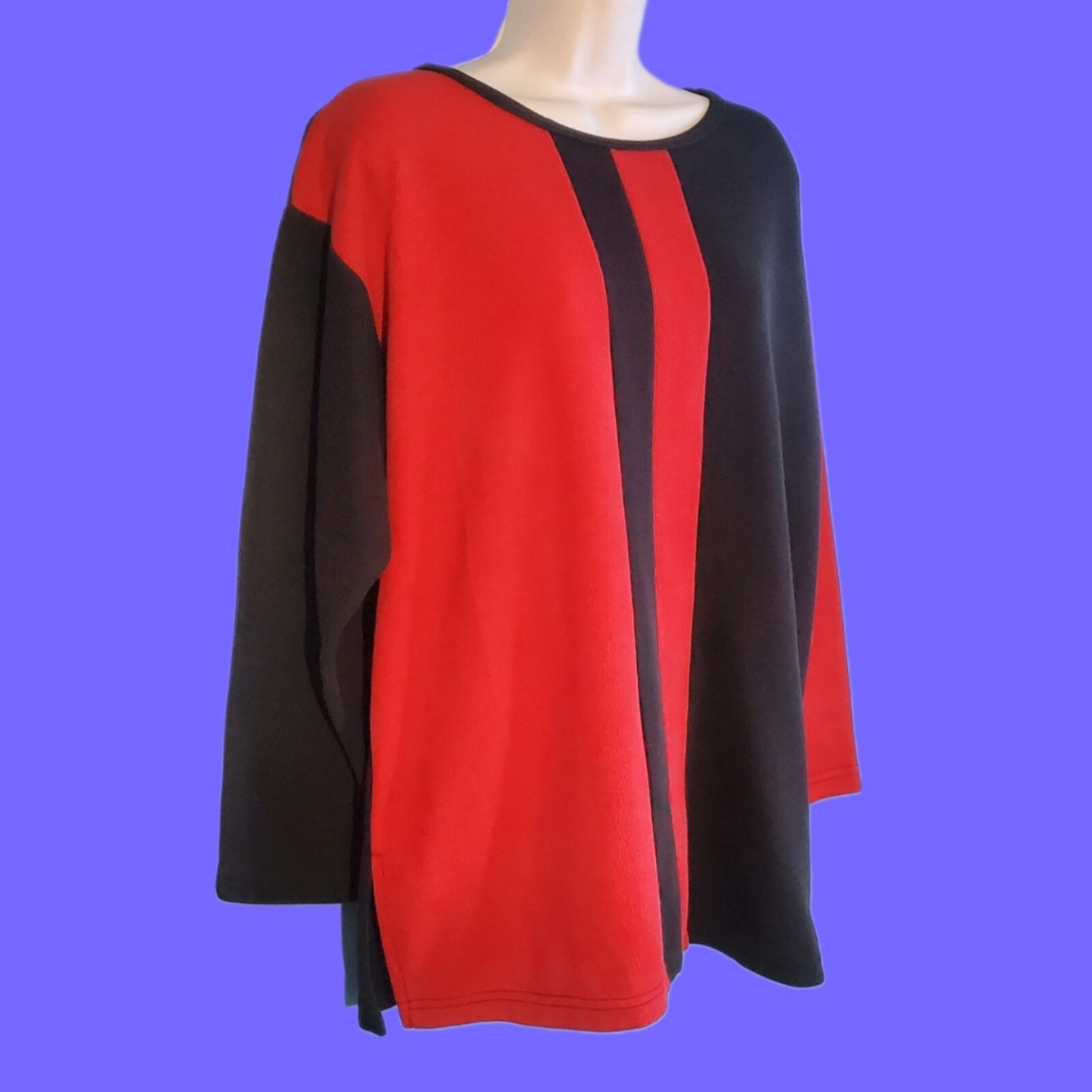 VINTAGE 90s AGENDÁ Colorblock Tunic Top Pullover Red Black Stripe Large