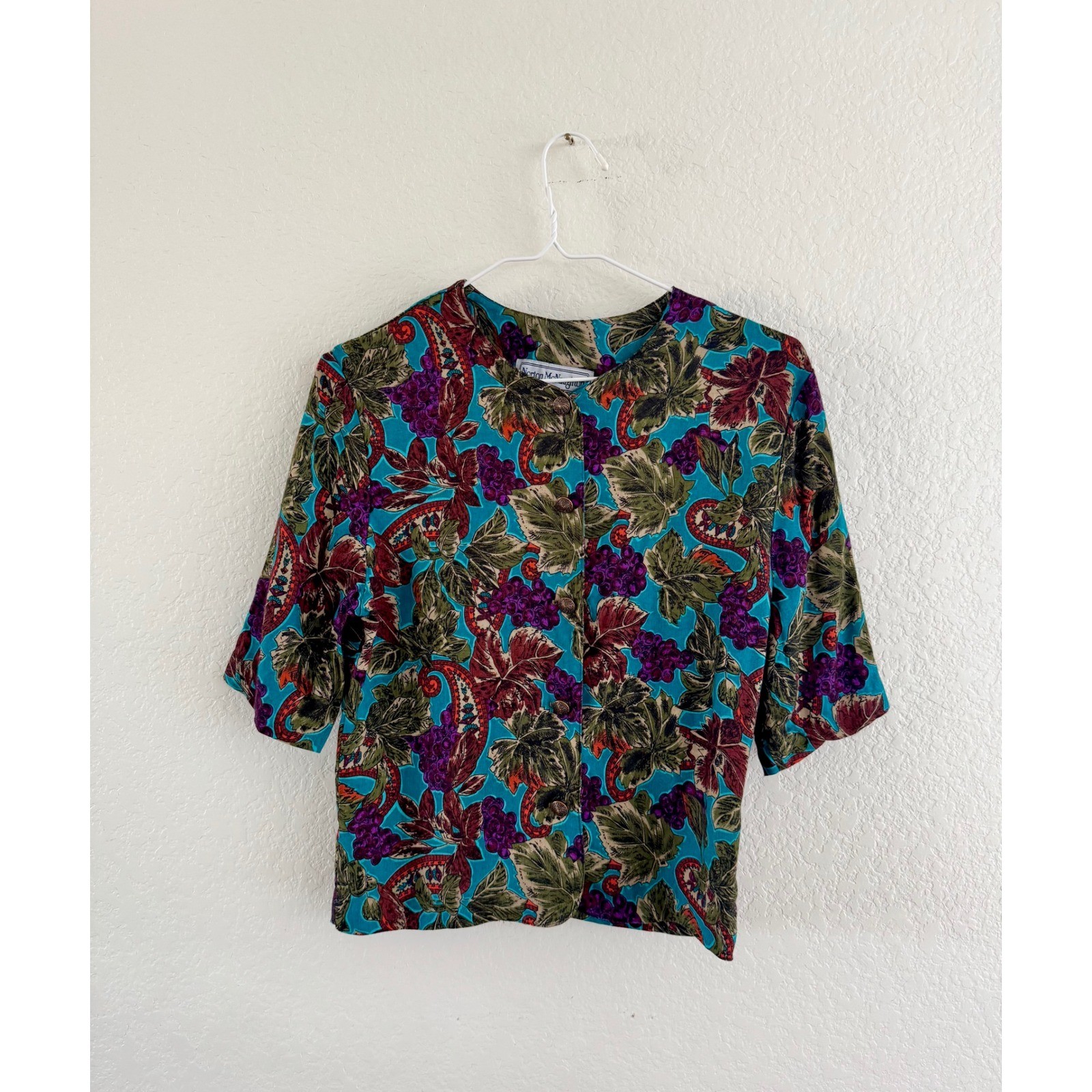 Norton McNaughton Blouse Women 8 Teal Purple Vintage 90s Grape Paisley Botanical
