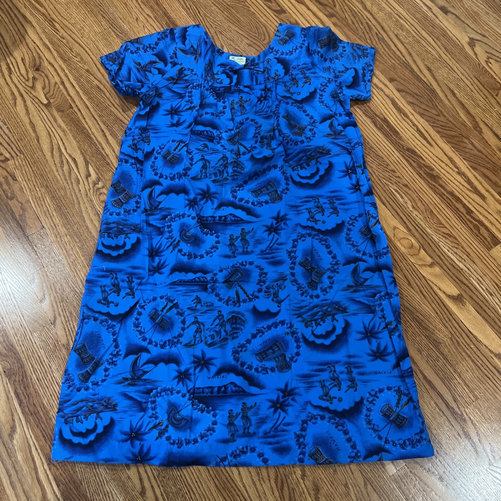 Vintage Hawaiiana Dress Blue – No Size Tag Approx M – Cotton