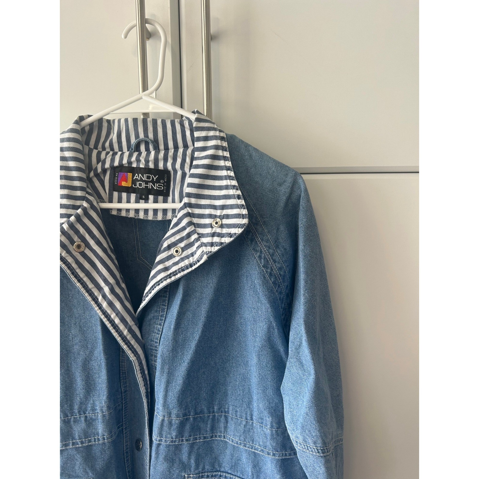 Andy Johns Vintage Denim Utility Jacket Striped Collar Blue Small
