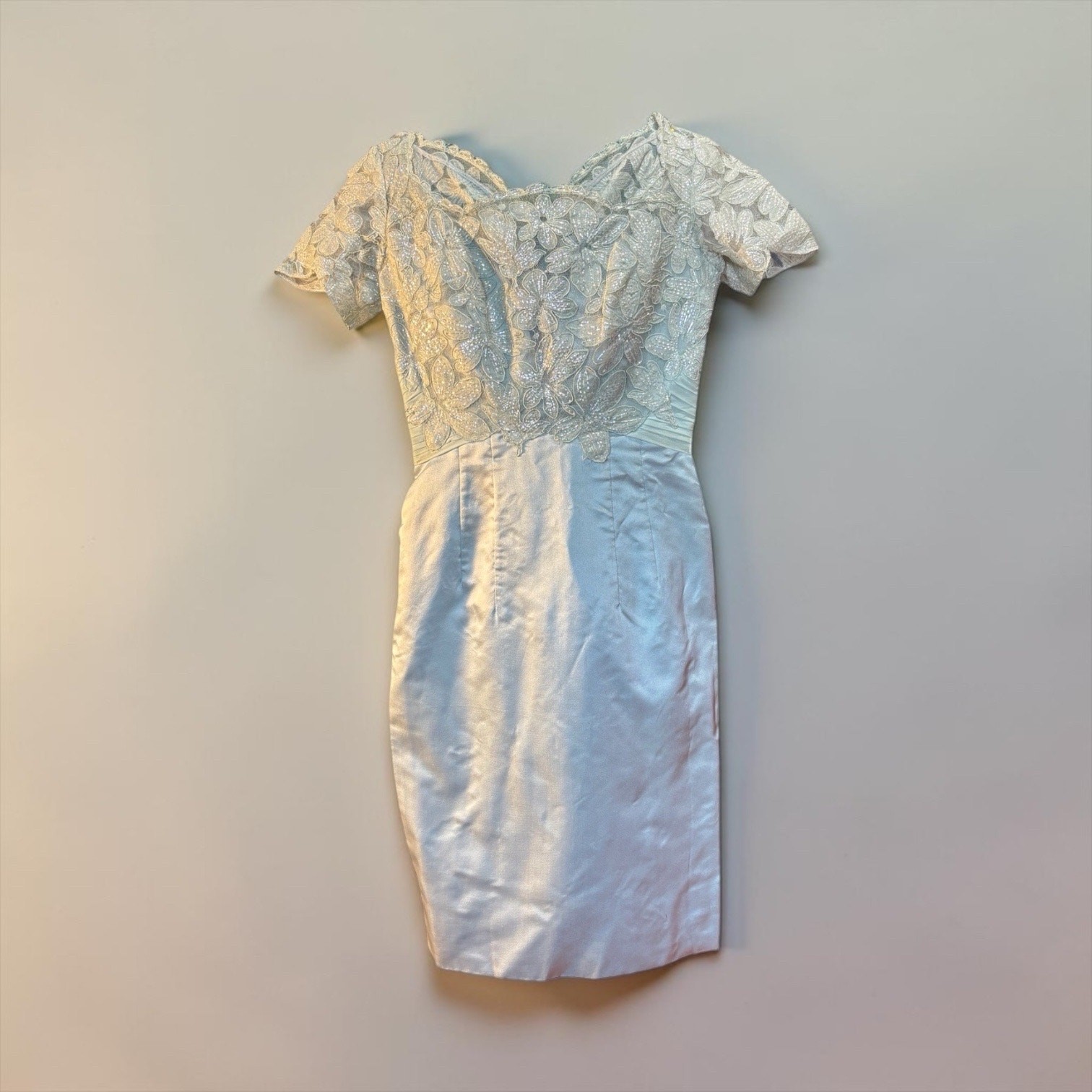 50s Ice Blue Beaded Lace Bombshell Wiggle Dress Cocktail Glam