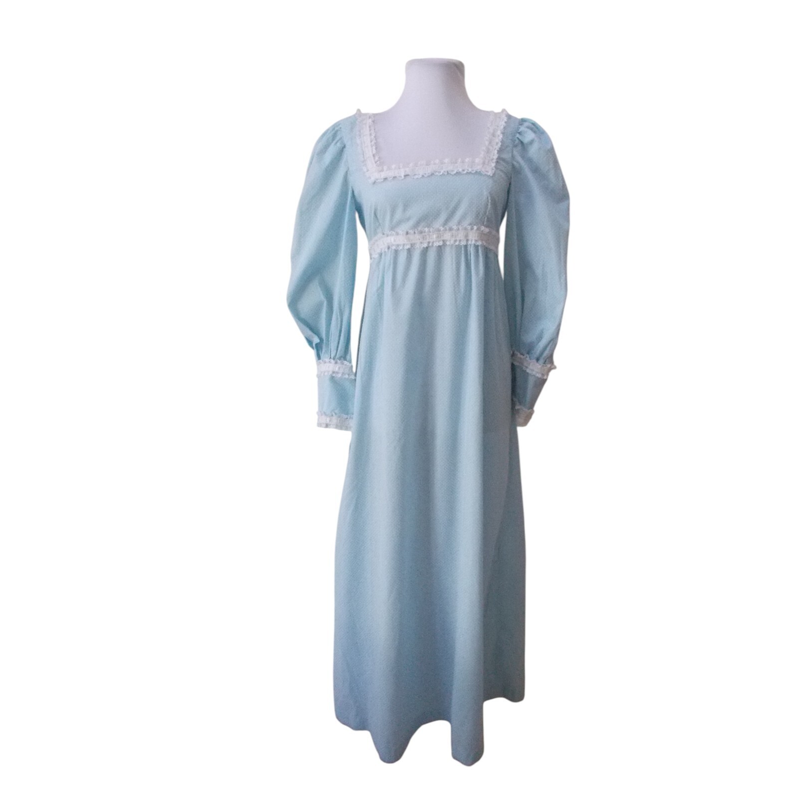 VTG Powder Blue Dotted Swiss Lace Trim Square Neck Maxi Prairie Dress Bust 30″