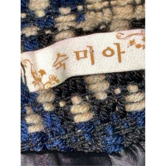 VINTAGE Handmade Korean Textured Weave Coat Navy Blue Cream Plaid A-Line | Sz M