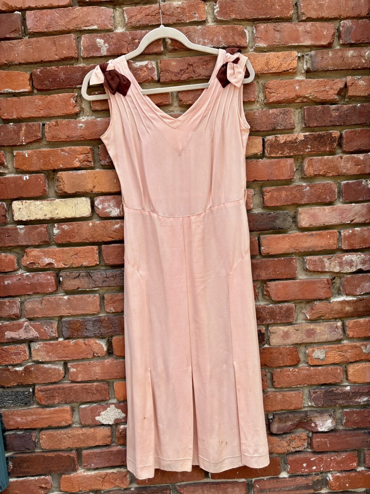 Antique Vintage 1930s Silk Rayon Pink & Brown Sleeveless Dress w/ Belt AS IS