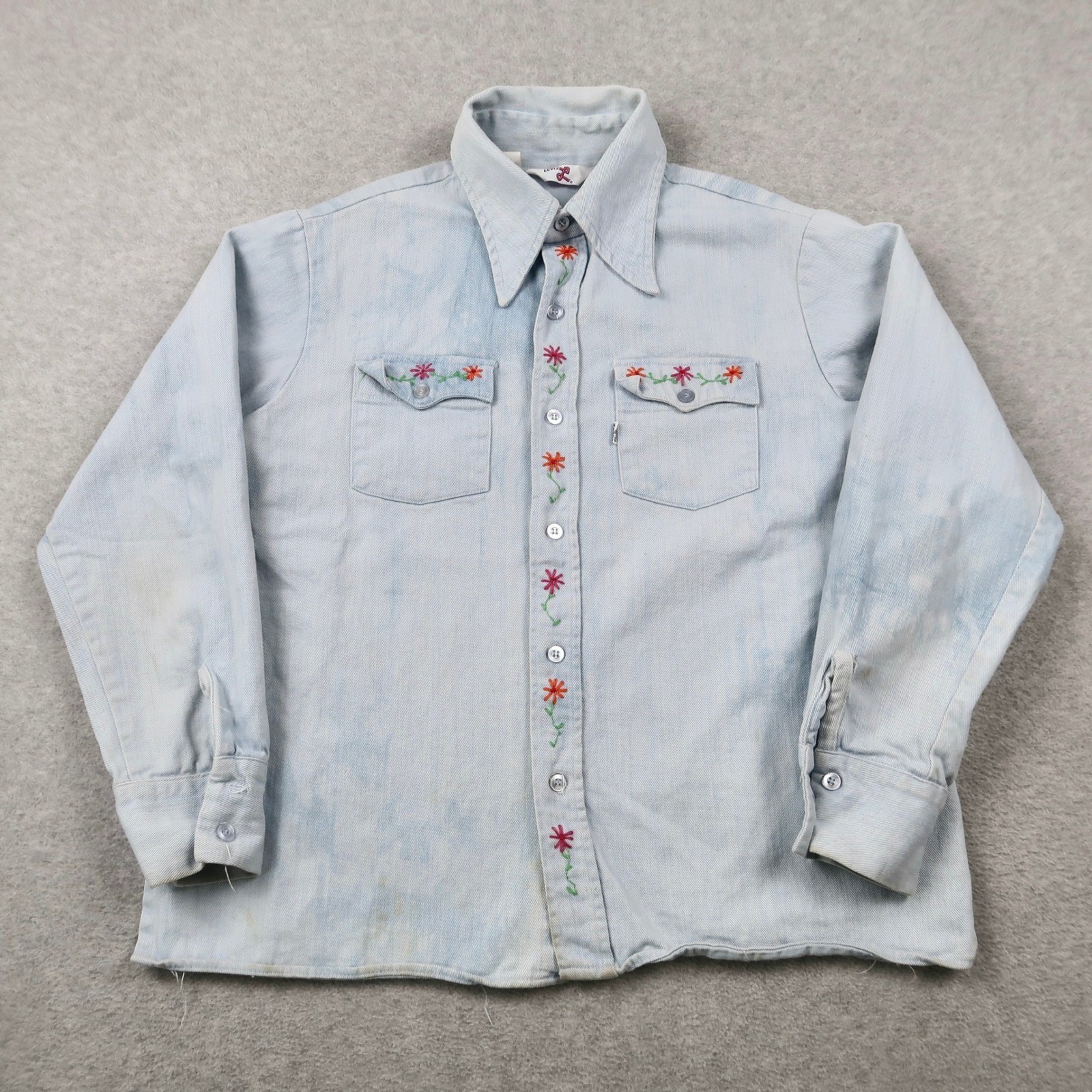 Vintage 70s Levis Big E Denim Shirt Womens M Floral Embroidered Western USA