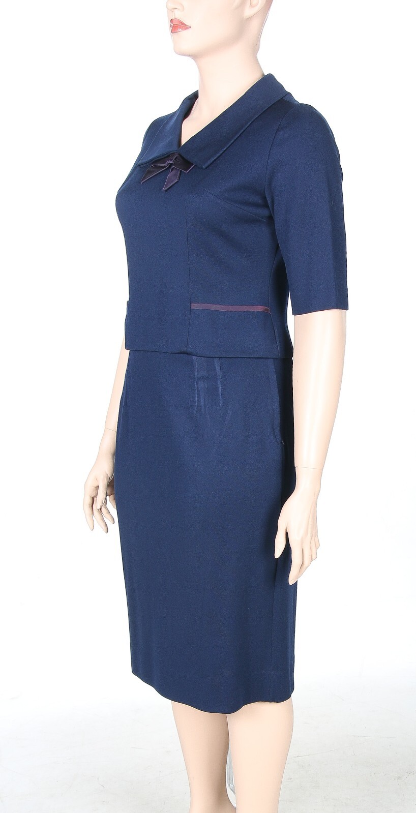 Leslie Pomer Vintage 1950s 60s Blue Collared 2 Piece Skirt & Top Set sz 16