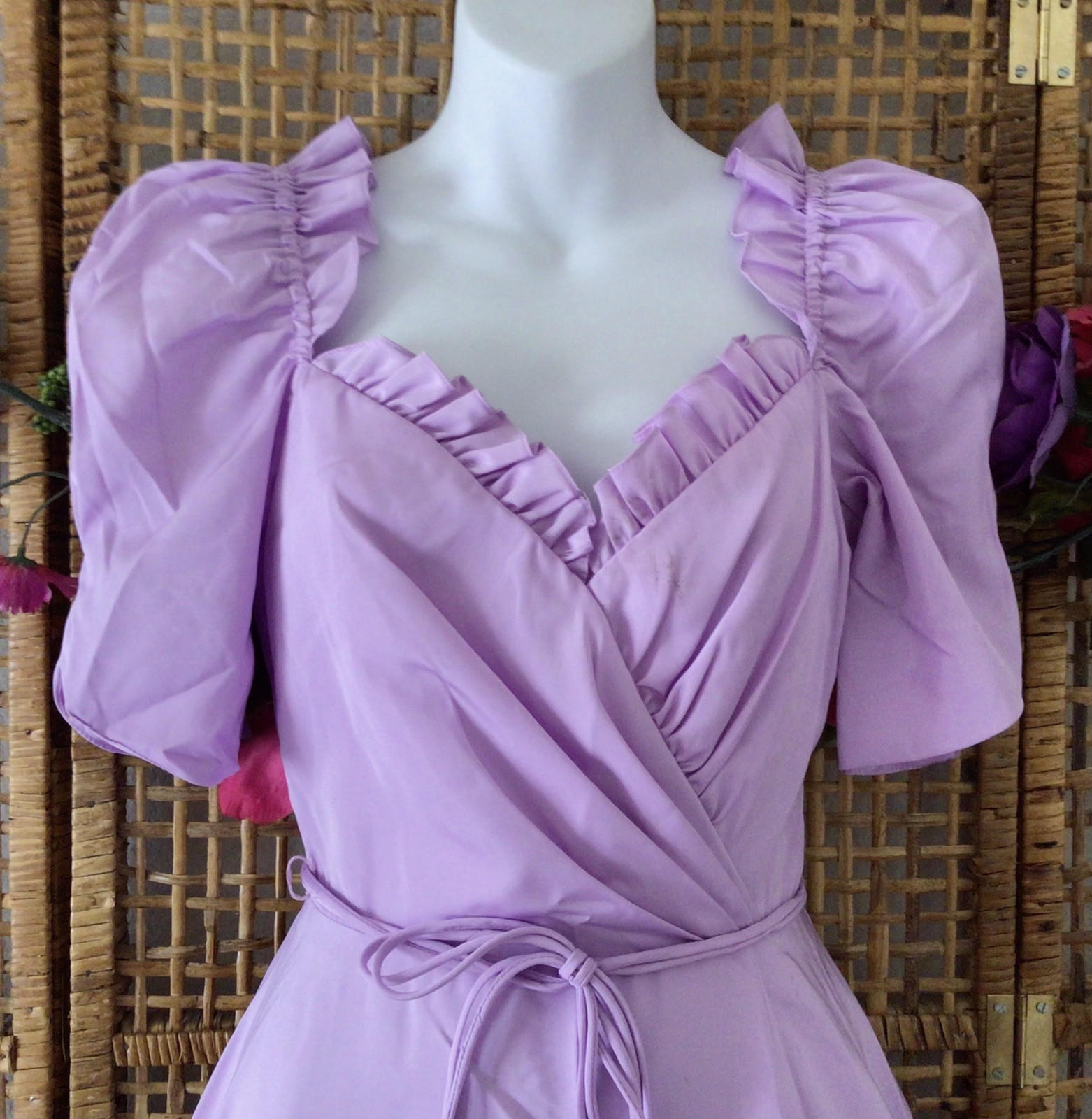 Vtg 80’s Lavender Purple Taffeta Puff Sleeve Prom Bridesmaid Dress XS/S
