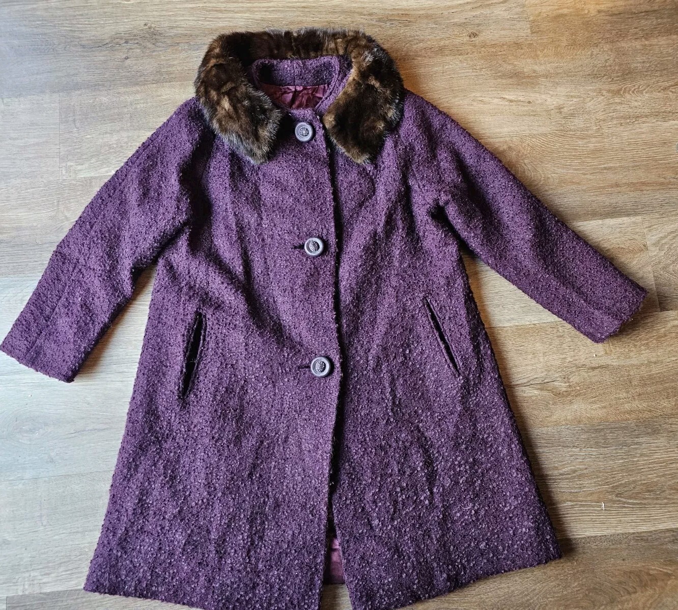 Vintage Plum Colored Tweed Wool and Fur Collar Pea Coat, fully lined