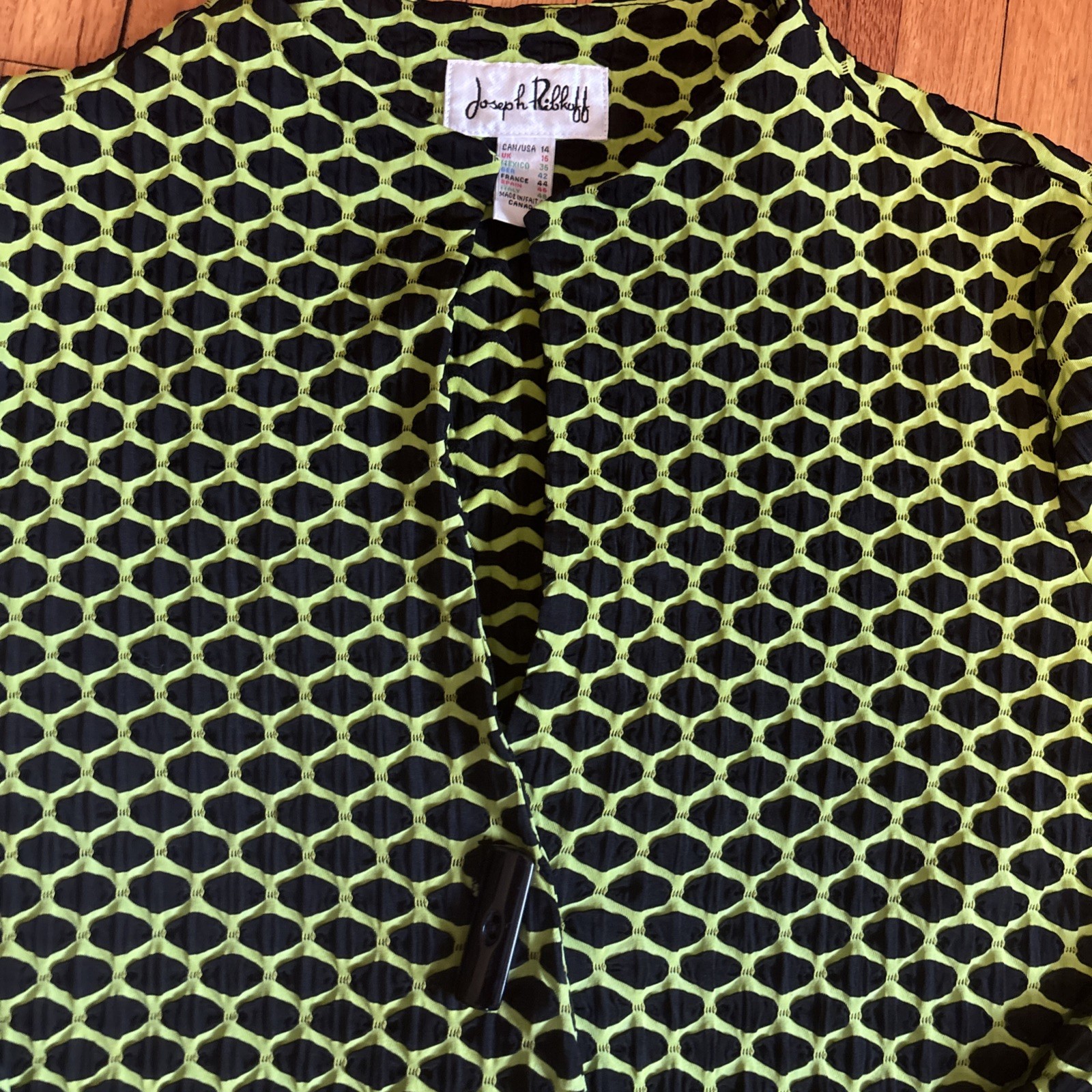 Y2K Joseph Ribkoff Stretch Lime Green Black Toggle Button Swing Blazer Jacket 14