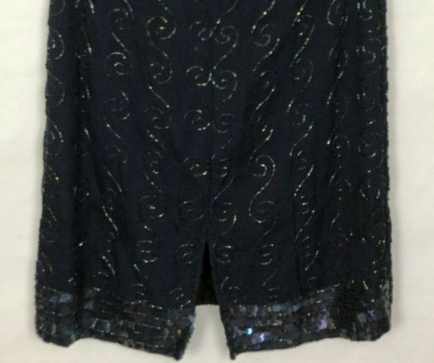 Vtg 80s Sequin Beaded Silk Dress M Glam Goth Dark Cocktail Sparkle Deco