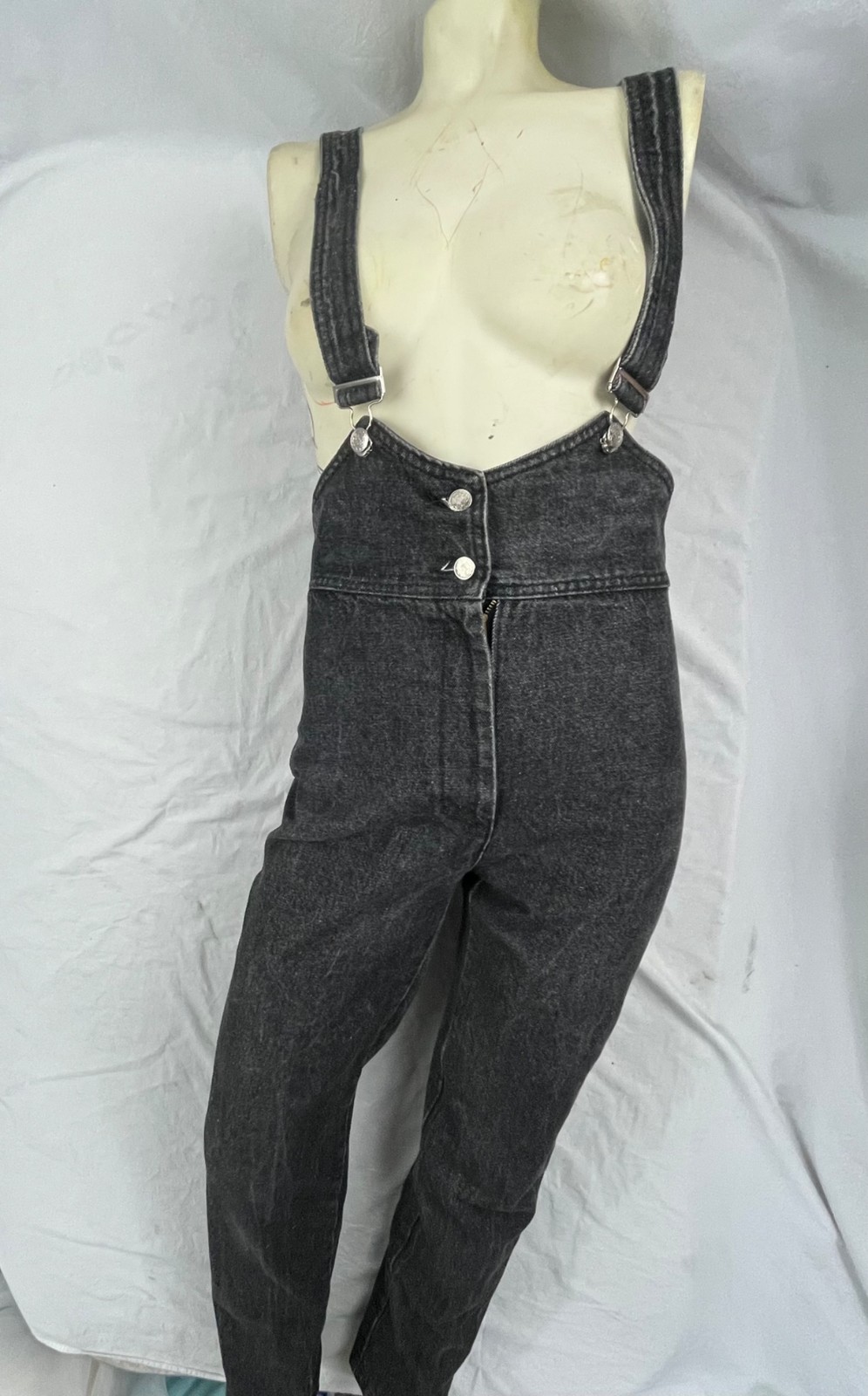 VTG 80S 90S WOMENS S BLACK FREDERICKS OF HOLLYWOOD STONE WASHED DENIM OVERALLS