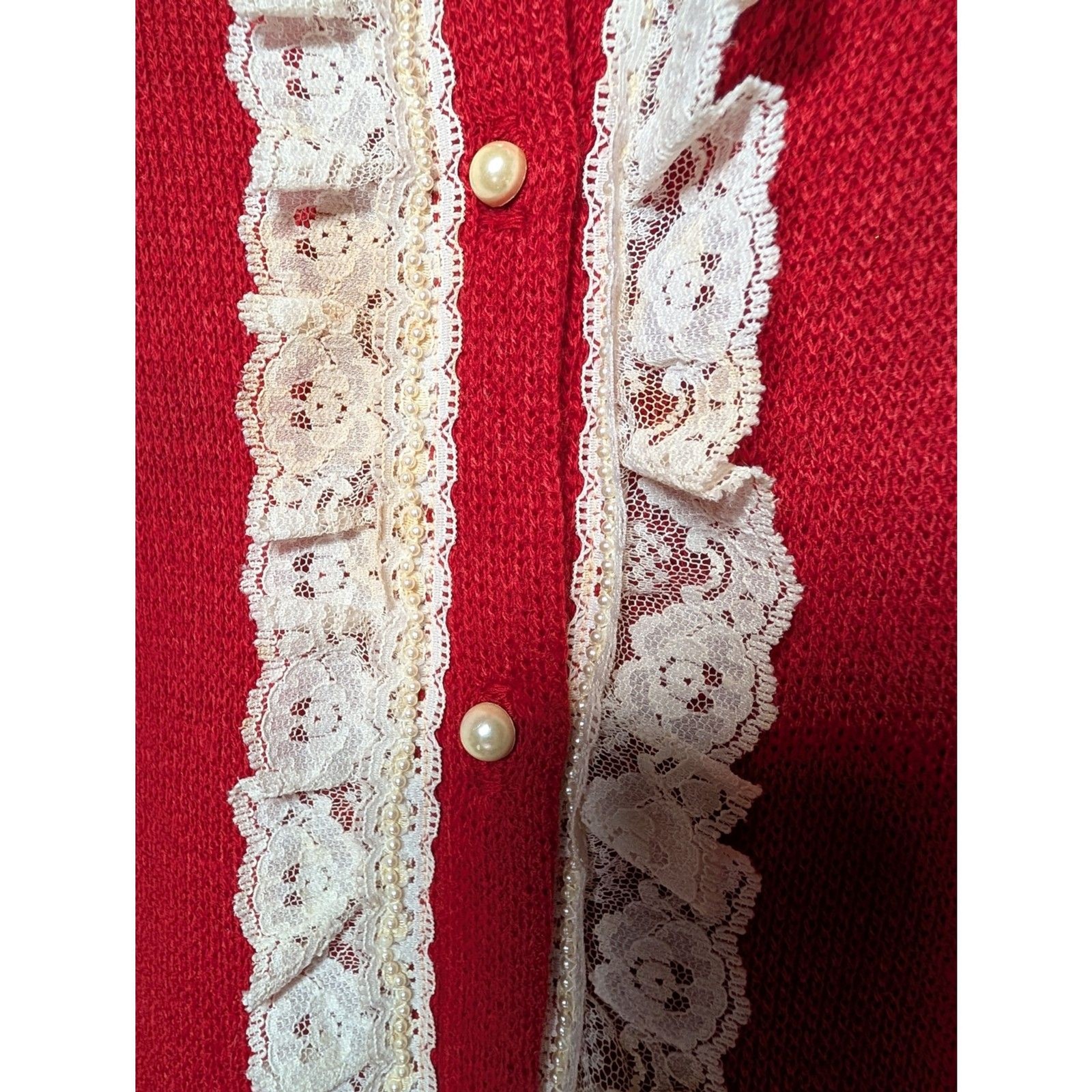 Vintage Alley Cat USA Red Lace Trim Cardigan Sweater Women’s L Pearl Cottagecore
