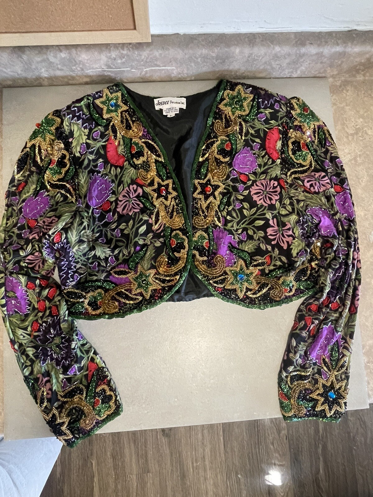 JASDEE Vintage Bolero Jacket HandWork Bead & Sequins & HandPrint On Silk (Large)
