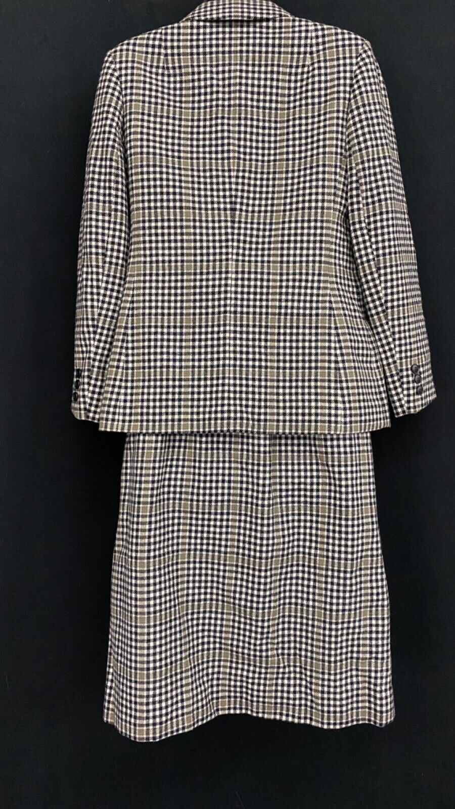 Vintage wool plaid black white gray suit jacket blazer skirt set outfit XS S