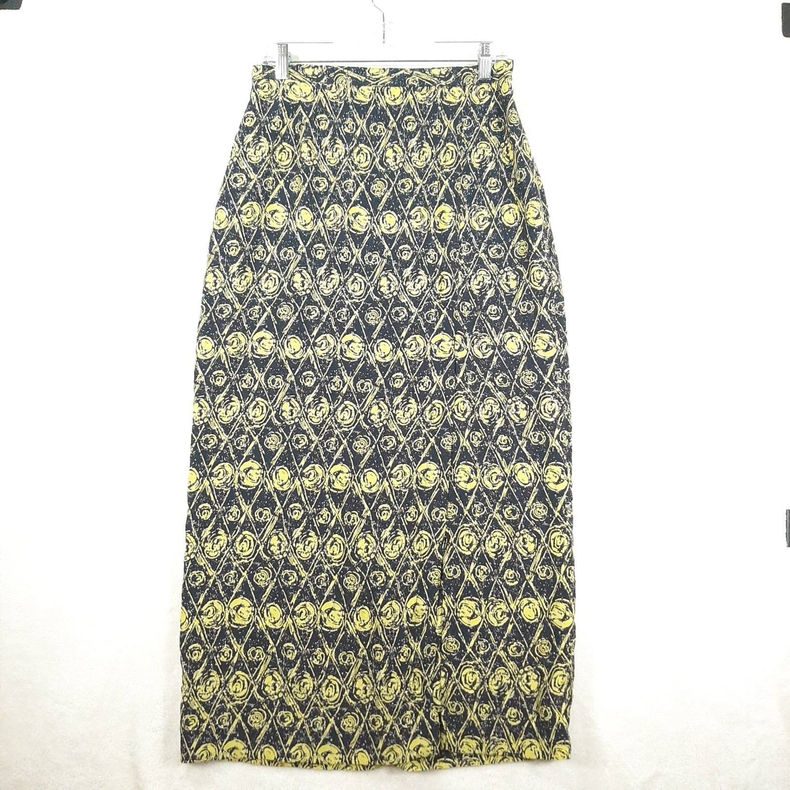 Rafael Vintage Black Yellow Floral Geometric Maxi Skirt Size 10 High Waist Retro