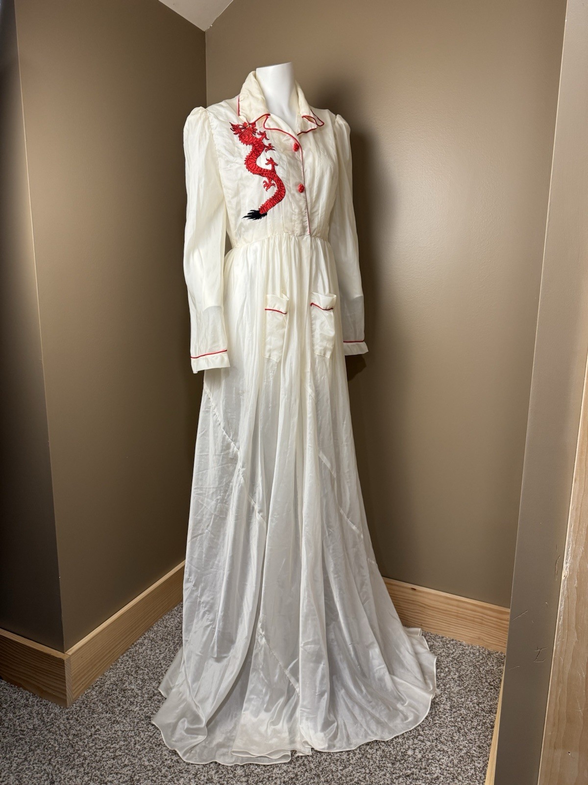 Antique Vintage 1950s Korean Parachute Robe Dress Dragon Embroidered W/ Pockets