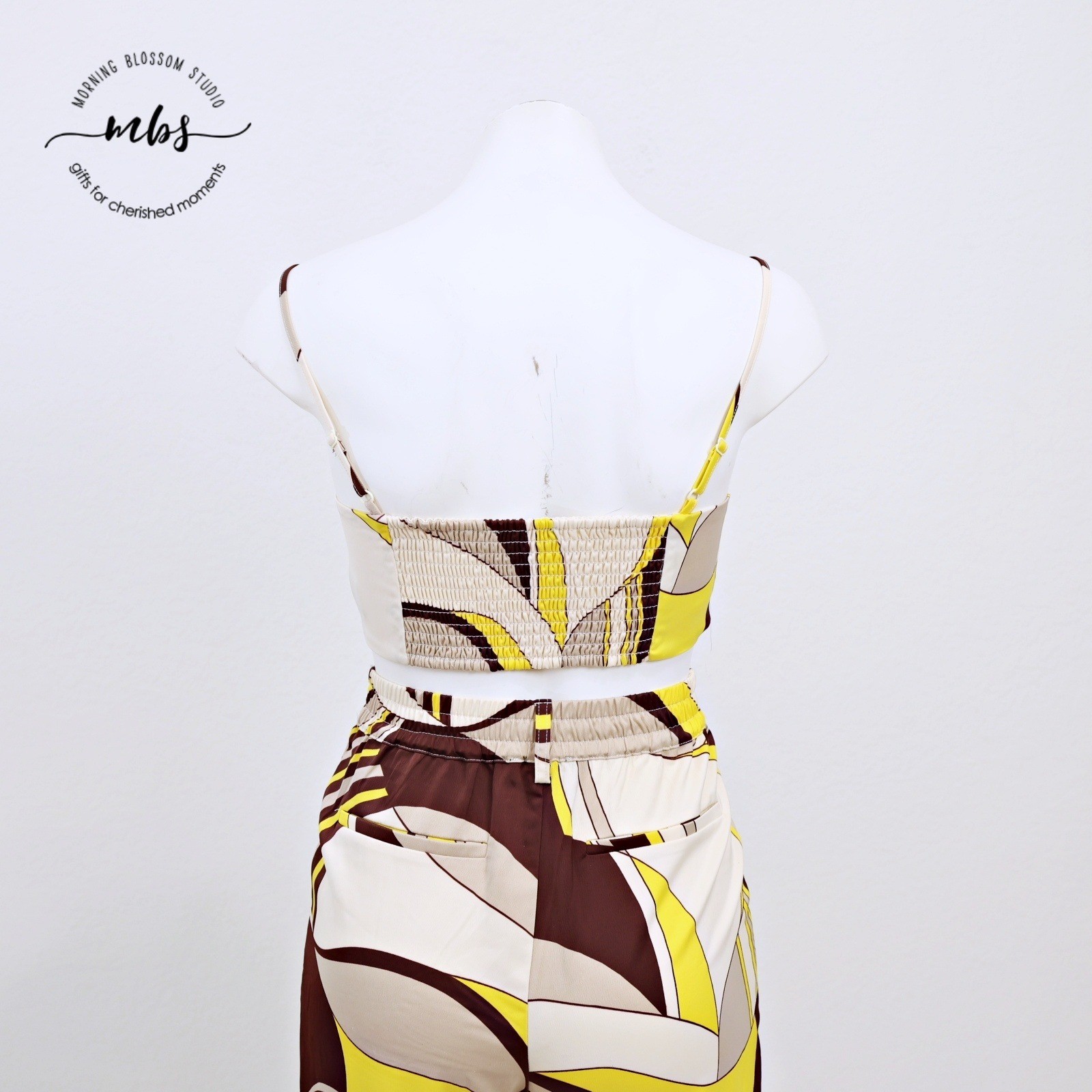 House of Harlow 1960 2-Piece Retro 70s Geometric Swirl Set Yellow Brown Women XS
